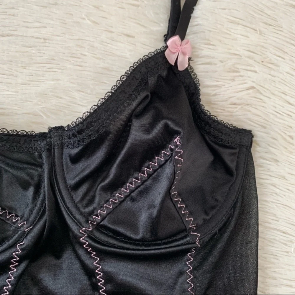 Vintage Y2K Black Satin Corset Style Slip w Pink Trim Set